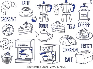 Black and white illustration of coffee and bakery items collection