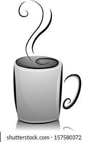 Black and White Illustration of a Coffee Cup Filled with Hot Coffee to the Brim