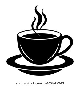 Black and white illustration of a coffee cup and saucer with steam and smoke rising from it.