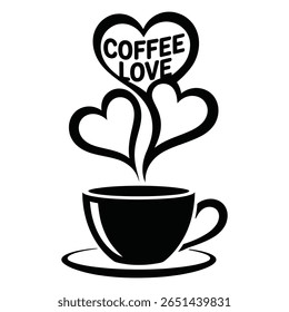 Black and white illustration of a coffee cup with two hearts and Coffee Love text forming the steam above