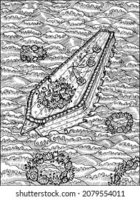 Black and white illustration of coffin sailing in sea waves with flowers and candles. Vector vintage drawings, marine concept, coloring book page, t-shirt graphic 
