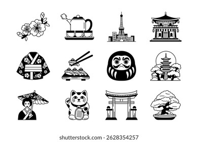 black and white illustration collection of japan culture