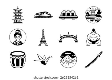 coleção de ilustrações em preto e branco da cultura japonesa