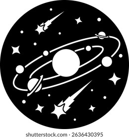 black and white illustration of a colorful drawing of the solar system