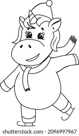 black and white illustration coloring book unicorn ice skating with warm hat