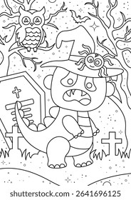 Black and white illustration for coloring book with cute dinosaur wearing a monster mask