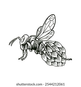 black and white illustration of a combination of bees with hops	