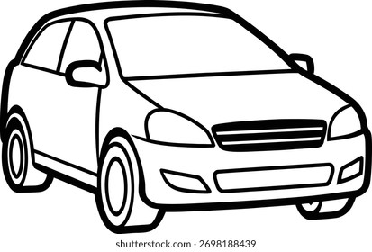 Una ilustración en blanco y negro de un coche compacto hatchback, aislado en un fondo blanco. El dibujo muestra el diseño moderno y la practicidad del vehículo.