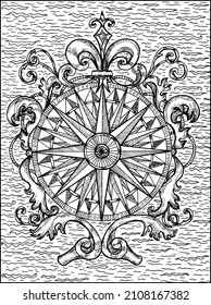 Black and white illustration of compass or wind rose decorated with victorian and baroque patterns.  Nautical vector vintage drawings, marine concept, coloring book page, t-shirt and tattoo graphic 