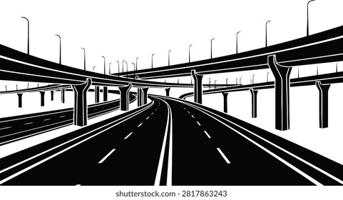 Black and white illustration of a complex highway interchange with elevated roads, overpasses, and street lights, isolated on a white background.