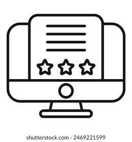 Black and white illustration of a computer monitor displaying a document with a threestar rating