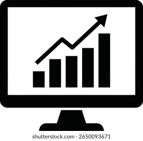 A black and white illustration of a computer monitor displaying a bar graph with an upward trending arrow.