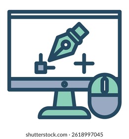 Black and white illustration of a computer screen displaying graphic design tools, including a pen tool and mouse