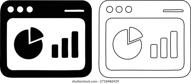 A black and white illustration of a computer screen displaying a pie chart and bar graph The pie chart and bar graph are isolated on a transparent background