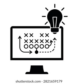 Black and white illustration of computer screen displaying football tactics with a lightbulb symbolizing a creative idea or innovation in sports strategy and planning