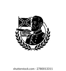 Black and white illustration of a Confederate general in uniform, with a cannon and Confederate flag, framed by a laurel wreath.