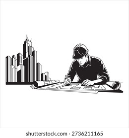 Black and white illustration of a construction worker with blueprint and cityscape