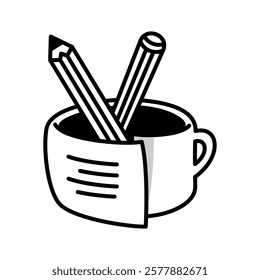 Black and white illustration of a container containing writing tools such as pencils, rulers and pens. Simple vector image with bold line style, suitable for icons, graphic design or educational needs