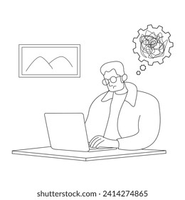 Black and white illustration of a content creator worker who is having a headache because he is chasing a deadline