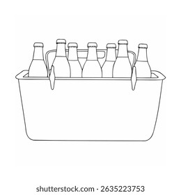 Black and white illustration of a cooler filled with bottled beer beverages for refreshment.