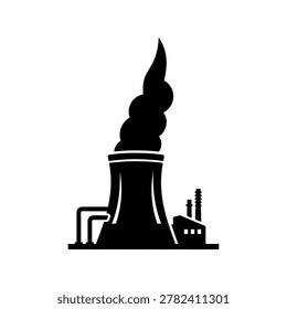 A black and white illustration of a cooling tower with smoke billowing from the top, representing industrial pollution.