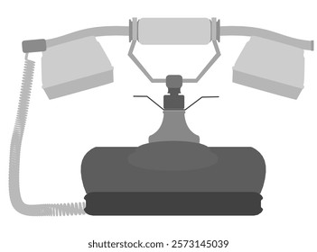 Black and white illustration with a cord hanging off of it. The phone is old and has a cord attached to it