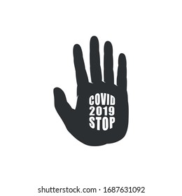 Black and white illustration of coronavirus, palm and text on a white background. Vector illustration on a medical theme and the epidemic of coronavirus. Covid-19.