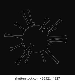Uma ilustração em preto e branco de um coronavírus com contornos nítidos se destaca contra um fundo escuro. O design de alto contraste enfatiza a estrutura do vírus e detalhes semelhantes a células.