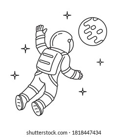 Black and white illustration of cosmonaut who  floating in weightlessness against planetary object