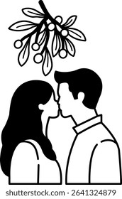 black and white illustration of a couple are kissing under a bouquet of mistletoe