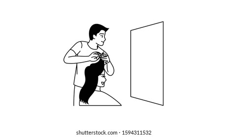 black and white illustration of a couple or lover, woman getting haircut by man in front of a barber shop mirror