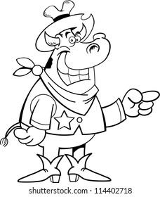 Black and white illustration of a cow dressed as a cowboy