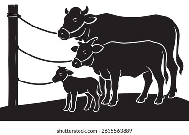 Ilustração em preto e branco da família de vacas perto da cerca para a silhueta de arte do design gráfico de animais de fazenda, eid mubarak, eid ul adha