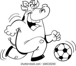 Black and white illustration of a cow playing soccer.