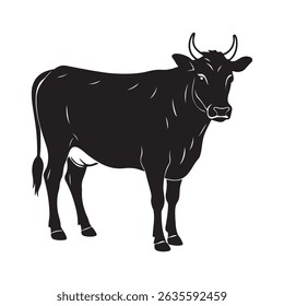 Black and White Illustration of a Cow in a Traditional Style