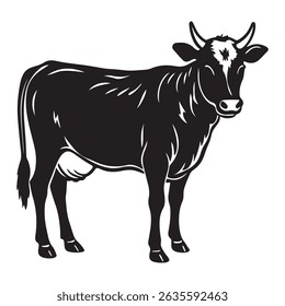 Black and White Illustration of a Cow in a Traditional Style