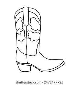 a black and white illustration of a cowboy boot. a Coloring page with a western style shoe. Wild west clipart.