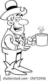 Black and white illustration of a cowboy with a cup of coffee.