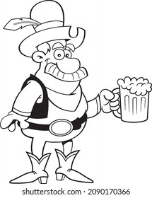 Black and white illustration of a cowboy with a large mustache holding a mug of beer.