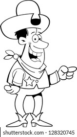 Black and white illustration of a cowboy pointing.