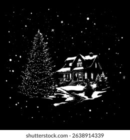 Black and white illustration of a cozy winter night with a house surrounded by snow, a decorated Christmas tree, snowflakes. Perfect for holiday postcard, winter  design. New Year vector landscape. 