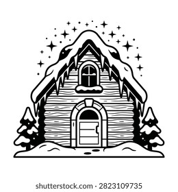 Black and white illustration of a cozy winter cabin house covered in snow. Features icicles, pine trees, and stars. Perfect for holiday cards, winter designs, and seasonal projects.