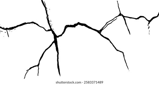 A black and white illustration of cracked surfaces resembling tree branches or lightning bolts. The cracks are irregular and jagged, creating an abstract pattern.