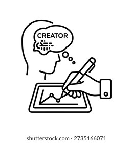 Black and white illustration of a creative designer sketching digital artwork on a tablet using a stylus pen, ideal for business, technology, and design projects.