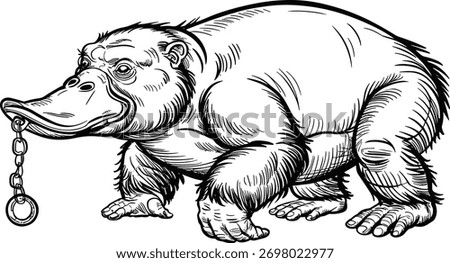 Black and white illustration of a creature with ape-like body and duck bill