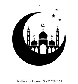 A black and white illustration of a crescent moon featuring a mosque and stars, symbolizing Islamic culture, Ramadan, and spirituality.