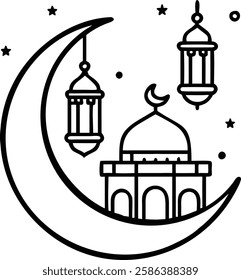 Black and white illustration of crescent moon with mosque and lanterns for Ramadan.