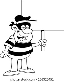 Black and white illustration of a criminal holding a sign.