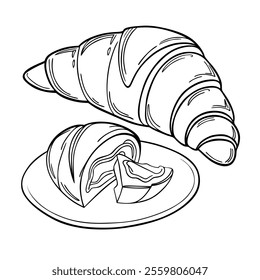 Black And White Illustration of Croissants and Sliced Pastries.