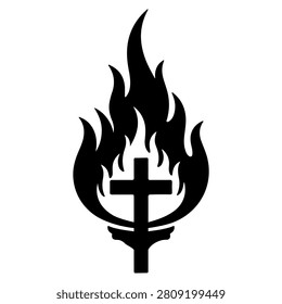A black and white illustration of a cross engulfed in stylized flames, representing faith, spirituality, and religious fervor.